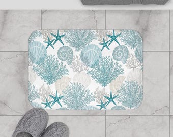 Blue Nautical Bath Mat, Marine Life Design, Memory Foam