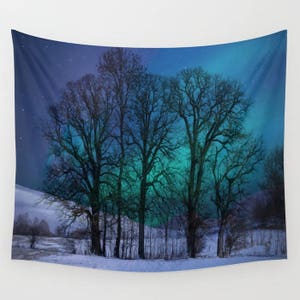 Wall Tapestry - &#39;Trees in Winter&#39; - Home, Wall, Decor, Modern, Warming, Gift, Bohemian, Boho, Abstract, Stars, Aurora, Trees, Winter