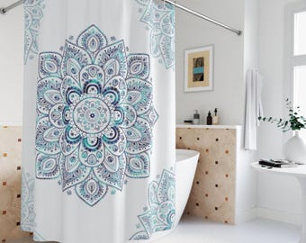 Aqua Blue Mandala Shower Curtain, Abstract Fantasy Bath Decor, Boho Design, Spa Bathroom