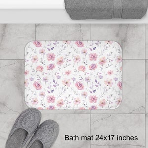 Tapis de bain floral aquarelle, fleurs de lavande roses, décor de dortoir bohème