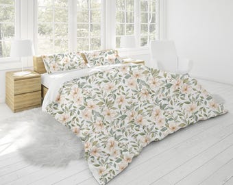 Magnolia Flowers Cotton Sateen Duvet Cover, Boho Floral Cottage Bedding