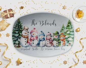 Personalized Christmas Serving Platter, Snowman Family, Custom Monogram