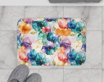 Watercolor Abstract Flowers Bath Mat, Boho Flower Bathroom Decor