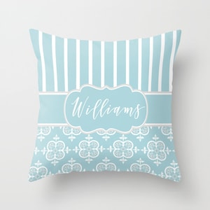 Custom Family Name Decorative Throw Pillow cover or Shams - Indoors, Outdoors, Christmas, Blue, White, Gift, Dorm, Girl, Accent, Name