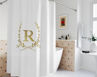 Custom Monogram Shower Curtain, Classic Wreath Design, Faux Gold Print, Personalized Decor