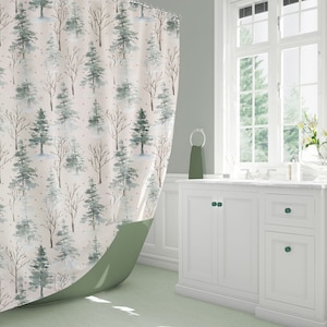 Winter Trees Shower Curtain, Christmas, Pattern, Branches, Sage, Cream, Dorm, Girl, Rustic, Gift, Abstract, Kids, Snow, Watercolor, Accent
