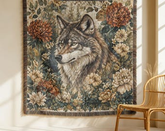Wolf Woven Cotton Blanket, Woodland Animal Tapestry, Family Keepsake, Nature Inspired Retro Floral Design