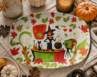 Witching Hour Halloween Serving Platter, Retro Kitsch Party Decor