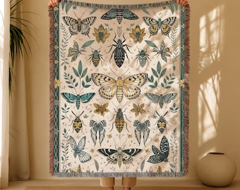 Butterflies and Moths Woven Cotton Blanket, Earth Tones, Family Keepsake, Tapestry