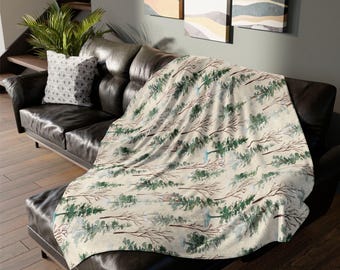 Winter Pine Trees Sherpa Fleece Throw Blanket, Boho Cabin Decor