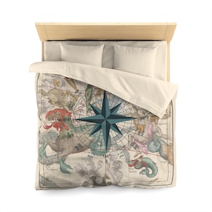 Nautical Compass Duvet Cover, Vintage Zodiac Map Bedding, Constellations Comforter