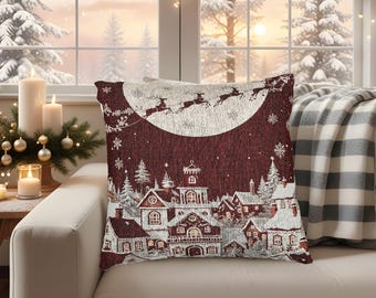 Christmas Village Woven Decorative Throw Pillow, Santa Coming to Town, Boho Cushion, Sewn
