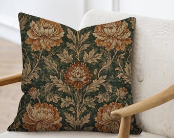 Retro Folk Art Woven Decorative Throw Pillow, Big Mums Boho Cushion, Sewn with Insert