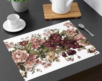 Burgundy and Pink Flowers Placemat, Easter Floral Decor, Spring Home Refresh
