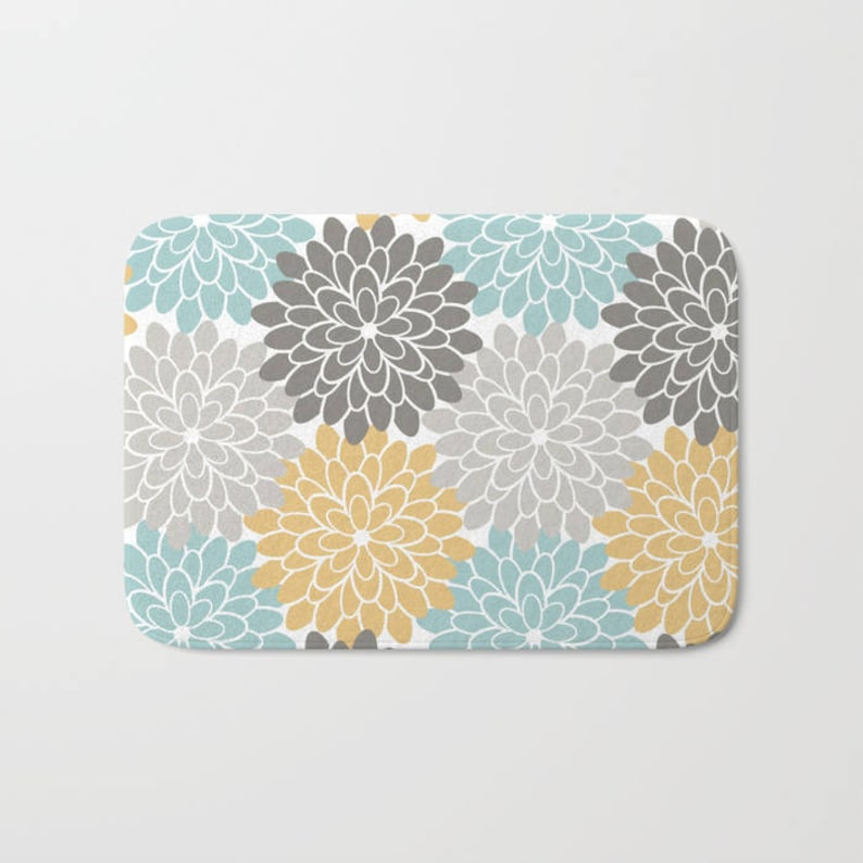 Boho Christmas Orange and Grey Bath Mat Abstract Country Girl Gift Accent Rustic Flowers Romantic Zen Pastel Blue Hippie Dorm