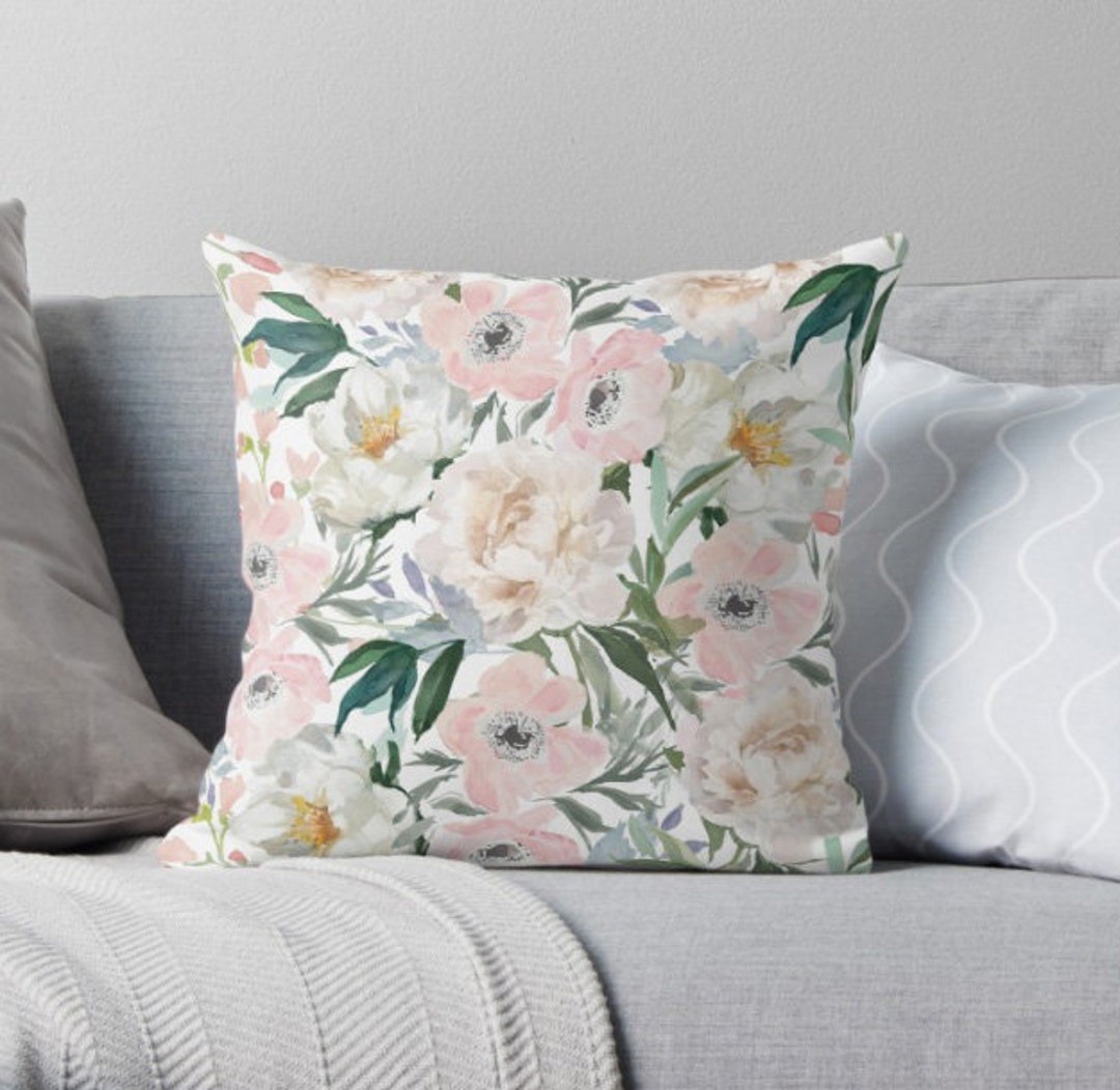 Watercolor Peony Flowers on Decorative Throw Pillow Cover or Pair of ...