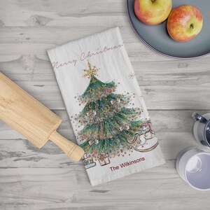 Personalized Merry Christmas with Christmas Tree Tea Towel Seasonal 28 x 28 inches Housewarming Gift Holidays Gift Accent Elegant Family