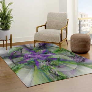 Purple And Green Abstract Area Rug Boho Dorm Decor Housewarming Gift Chenille Living Room Bedroom Kids Playroom Nursery Floor Mat