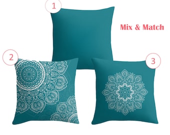 Teal Mandalas Decorative Throw Pillow Cover - Custom, Square, Rectangular, Double-sided print, Indoors, Outdoors, Mix @ Match, Boho, Accent