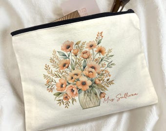 Floral Bouquet Personalized Bridesmaid Gift Pouch, Toiletry Canvas Bag, Set of 2, 4, 6, 8 Pouches