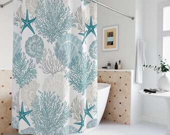 Blue Nautical Shower Curtain, Corals and Sea Shells (71x74 inches)