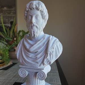 Puede incluir: Busto de escultura blanca de un hombre con barba, vistiendo una toga, sobre una base de columna blanca. La escultura est&aacute; sobre una base circular blanca.