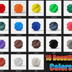 May include: A grid of eighteen colorful, abstract, spiral-shaped objects. Colors include red, orange, yellow, green, blue, pink, purple, brown, black, and gray. Text reads "18 Beautiful Colors!"