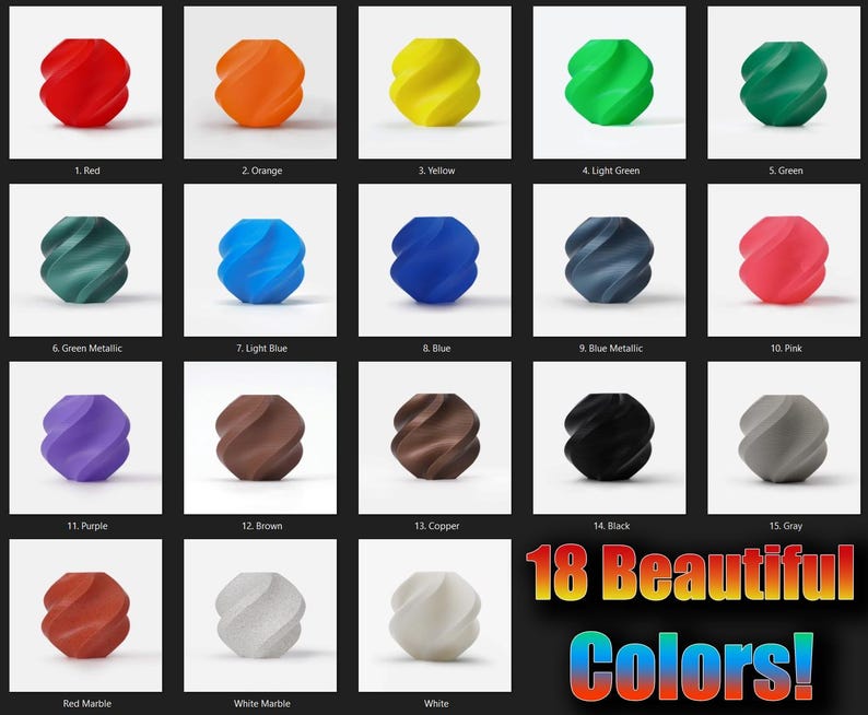 May include: A grid of eighteen colorful, abstract, spiral-shaped objects. Colors include red, orange, yellow, green, blue, pink, purple, brown, black, and gray. Text reads "18 Beautiful Colors!"