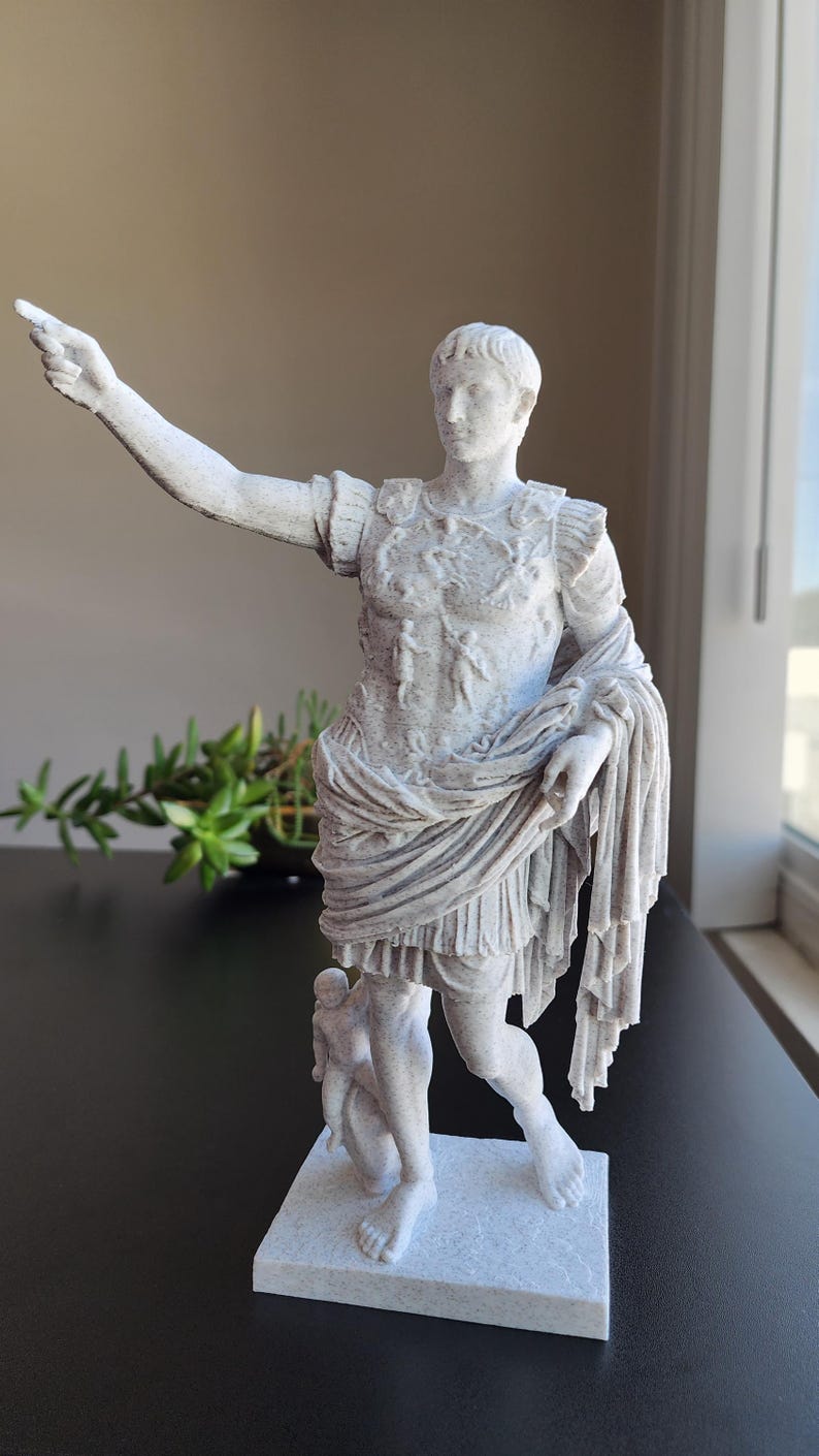 Augustus Statue Replica, Roman Emperor Sculpture, Faux Marble, 3D Printed, Hand Finished White Marble