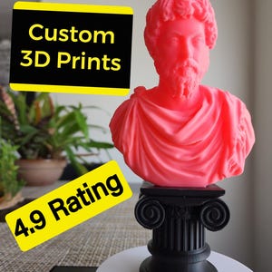 May include: A pink 3D printed bust of a man with a beard, on a black column base. The bust is on a white surface. The image also includes a yellow banner with the text "Custom 3D Prints" and another yellow banner with the text "4.9 Rating".