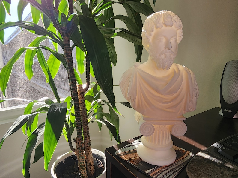 Puede incluir: Busto de yeso blanco de un hombre con barba, vistiendo una toga, sobre una base de columna blanca. El busto est&aacute; iluminado por la luz del sol.