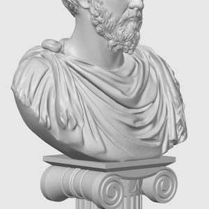 Puede incluir: Un busto de yeso blanco de un hombre con barba y cabello rizado, sobre un pedestal blanco con un dise&ntilde;o de rollo.