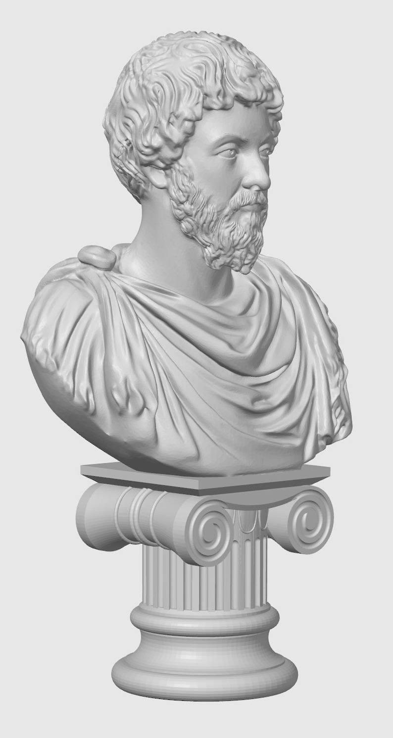 Puede incluir: Un busto de yeso blanco de un hombre con barba y cabello rizado, sobre un pedestal blanco con un dise&ntilde;o de rollo.