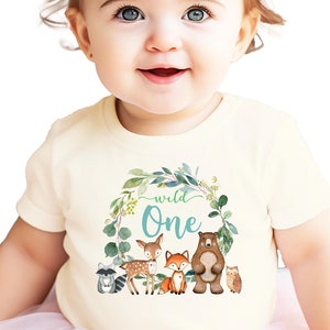 Wild One Wreath with Woodland Animals 1st Birthday T-Shirt for Baby Girls | First Birthday and Cake Smash Outfit for Toddlers