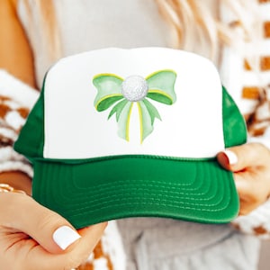 Cute Green Golf Bow & Golf Ball for Women | Trendy Golf Foam Front Snapback | Girly Yellow and Green Adjustable Mesh Cap
