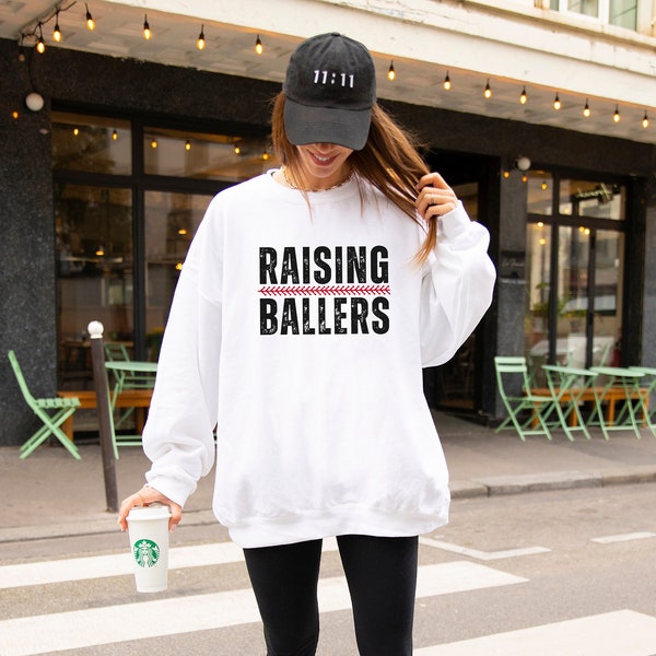 Raising Ballers Sweatshirt for Women | Baseball Mom Softball Mom Sweatshirt for Women | Gift for Baseball Mom Sweater Gray or White