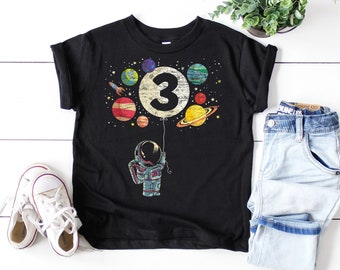 Olive Loves Apple 3rd Birthday Rocket Astronaut Themed T-Shirts with Moon Balloon and Planets for Boys and Girls Space Birthday Party