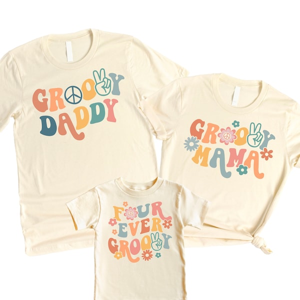 Four Ever Groovy Retro 4th Birthday Matching Family Outfits For Mom and Dad for Toddler Girls Birthday Shirts, Fourth Bday T-Shirts