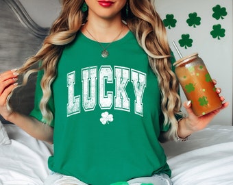 Lucky Varsity Lettering St. Patty's Day Shirt for Women | St. Patrick's Day shirt Women Green Cute Shirt for Women Saint Patty's Day