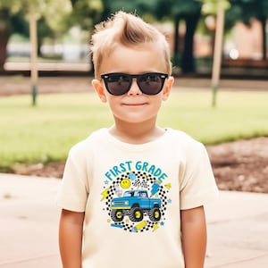 First Grade Shirt for Boys | First Grader Monster Truck Tee - Retro First Day of School T-Shirt - Back to School Shirt for Kids