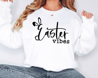 Easter Vibes Sweatshirt for Women Easter Bunny Shirt Cute Sweater for Easter Bunny Sweatshirt in Gray and White