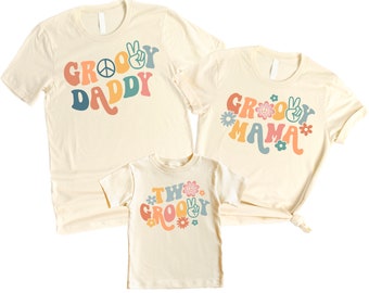 Two Groovy Retro 2nd Birthday Matching Family Outfits For Mom and Dad for Baby Boys and Baby Girls Birthday Shirts, Second Birthday T-Shirts