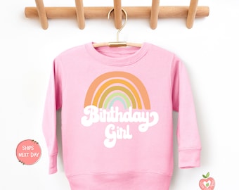 Retro Rainbow Birthday Girl Colorful Sweatshirts, All Ages Baby and Toddler Youth Girls Long Sleeve Birthday Outfit, Birthday Girl Rainbow