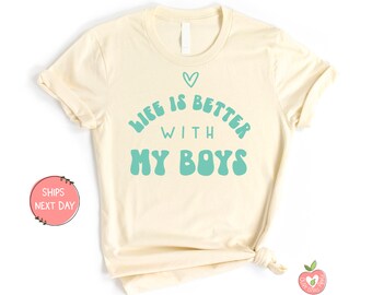 Life is Better With My Boys Heart Shirts for Adult Women for Mother's Day T-Shirt Outfit, Cute Gift for Mom, Adorable Gift from Son