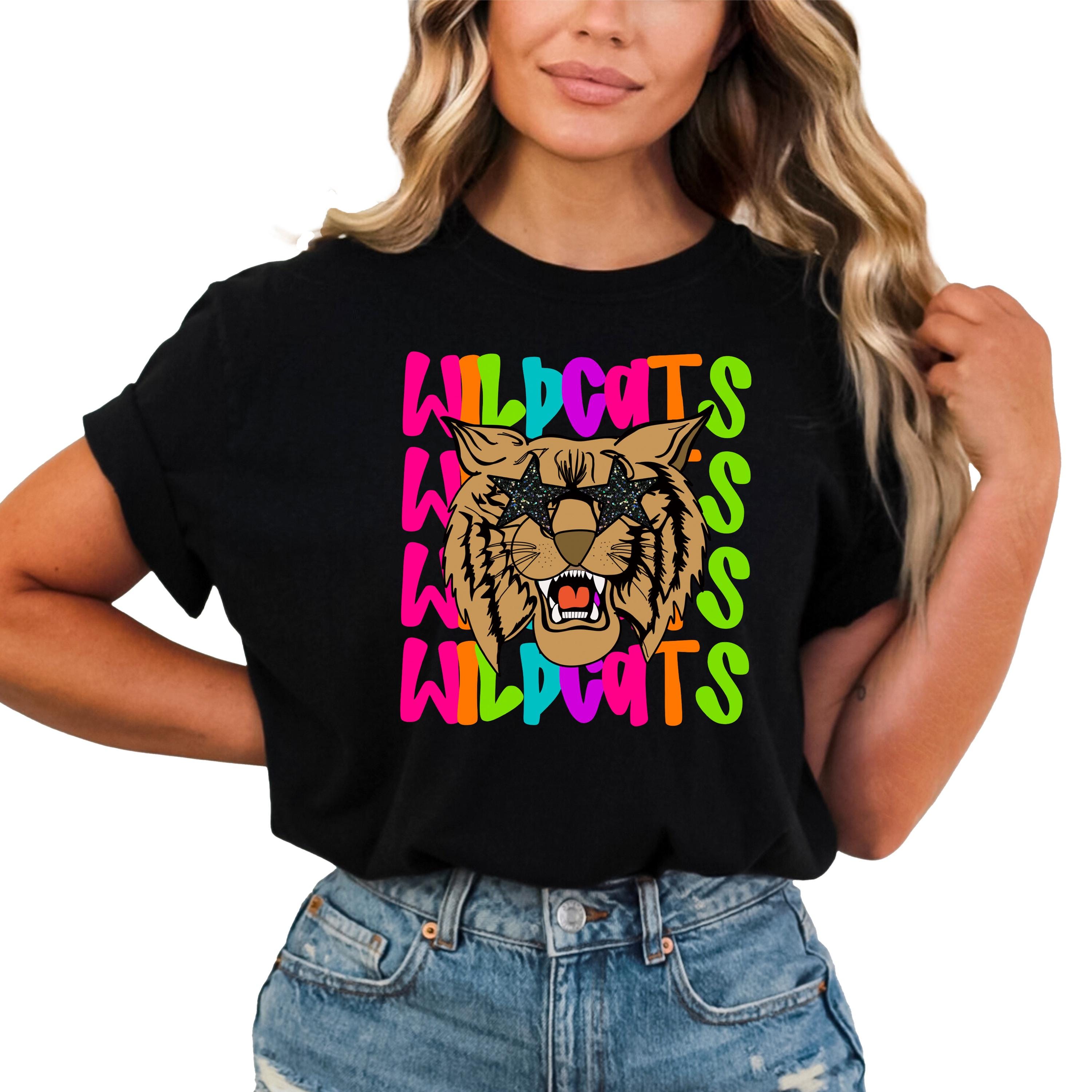 Camiseta retro de los Wildcats para mujeres, adolescentes y jóvenes / Camiseta deportiva de neón colorida y femenina / Camiseta de orgullo escolar para profesores y estudiantes