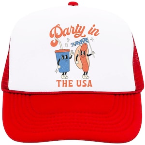 Retro Party in the USA Trucker Hat | Cartoon Hot Dog and Drink 4th of July Cap | Patriotic Snapback | Fun American Independence Day Mesh Hat