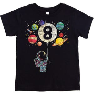8th Birthday Rocket Astronaut Themed T-Shirts with Moon Balloon and Planets for Boys | Colorful Space Birthday Party Shirt for Science Fans