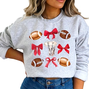 Elephant Mascot Sweatshirt for Women Teens & Girls | Crimson Red Coquette Bows and Footballs Sweater | Elephants Team Spirit Fan Pullover