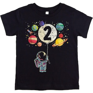 2nd Birthday Rocket Astronaut Themed T-Shirts with Moon Balloon and Planets for Boys and Girls | Space Birthday Party Tee for Toddler