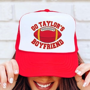 Go Taylor&#39;s Boyfriend Football Season Trucker Hat | Missouri Football Red and Gold Cap | Funny Travis Fan Snapback for Women and Teens